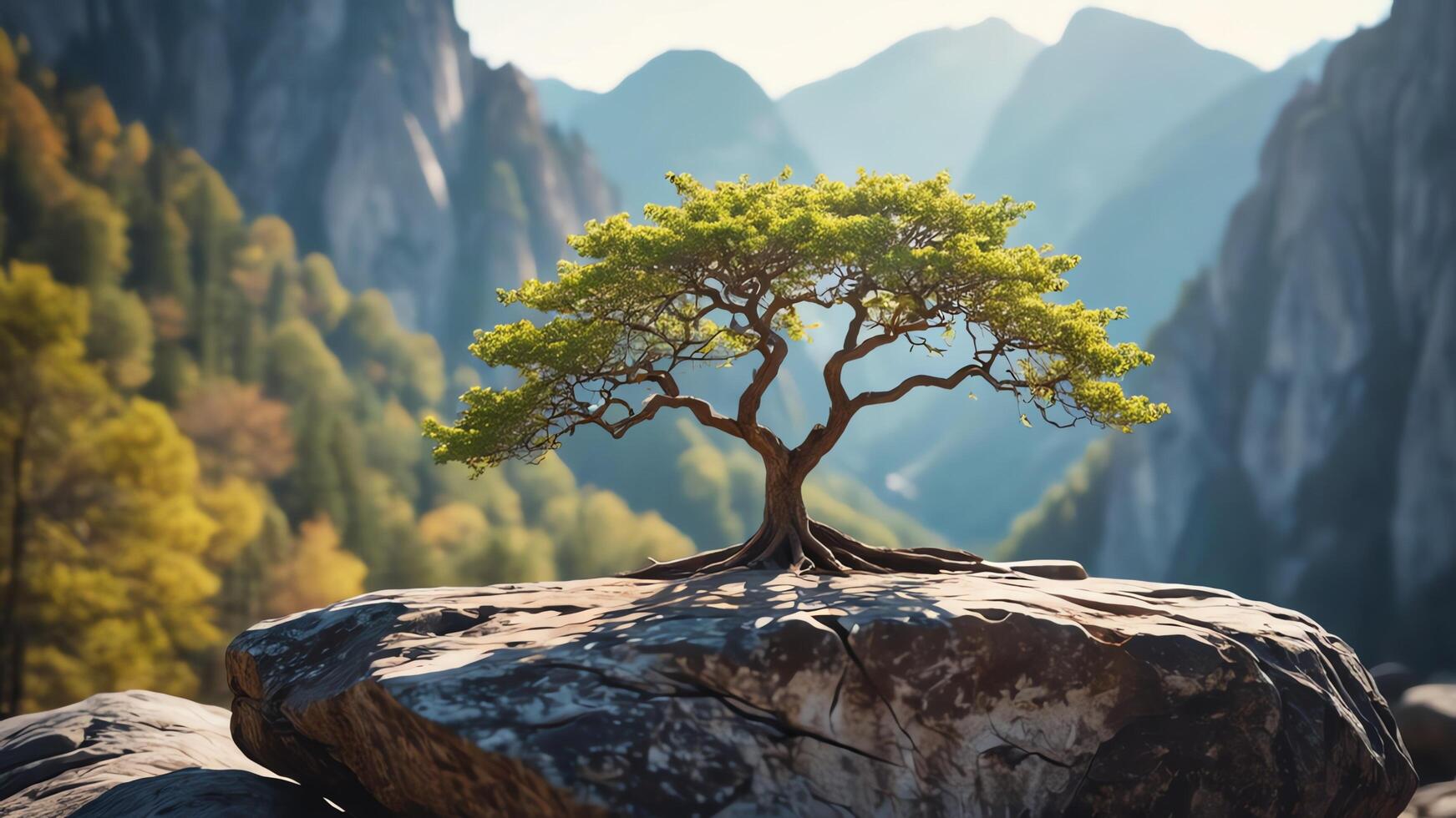 a lone tree stands overlooking a valley photo