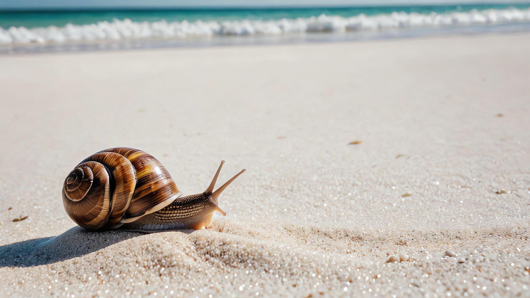 a snail crawling on the beach near the ocean photo