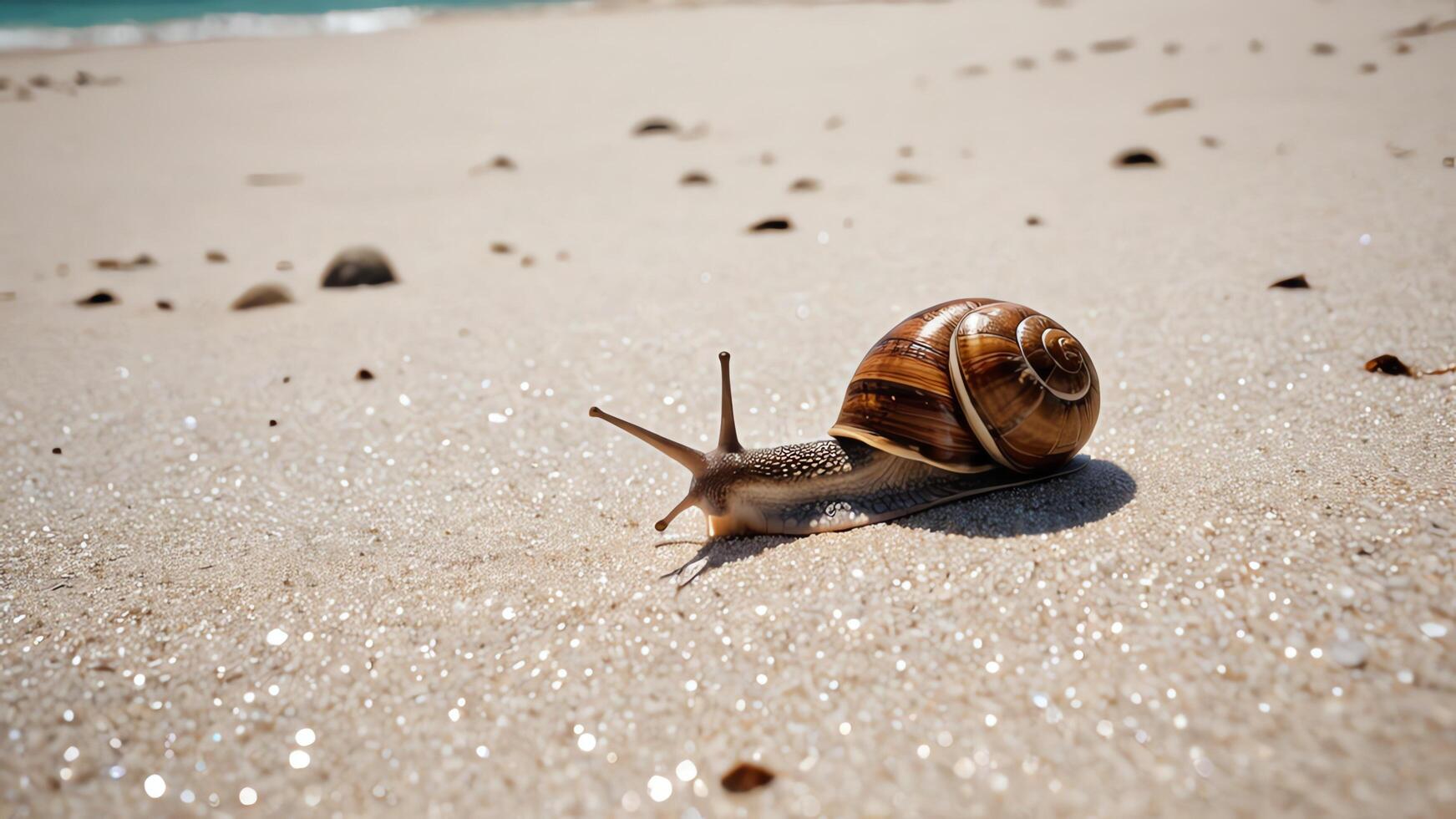a snail crawling on the beach near the ocean photo