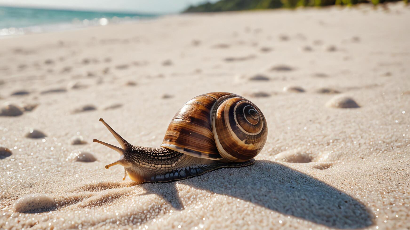 a snail crawling on the beach near the ocean photo