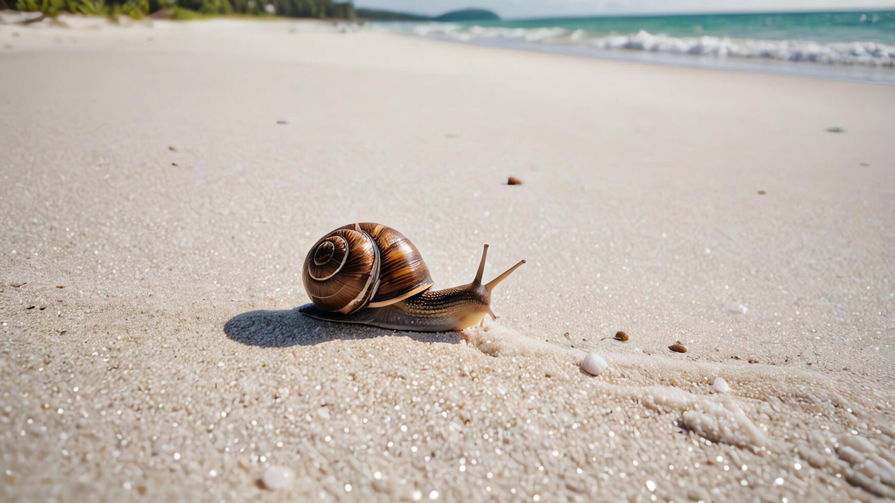 a snail crawling on the beach near the ocean photo