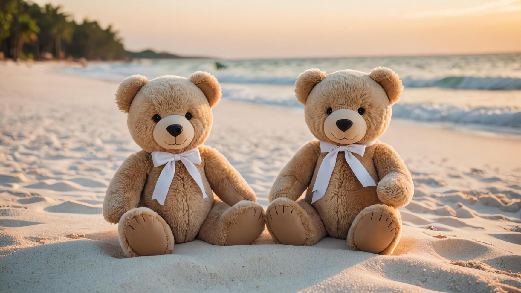 a teddy bear sitting on the beach with a blue sky photo