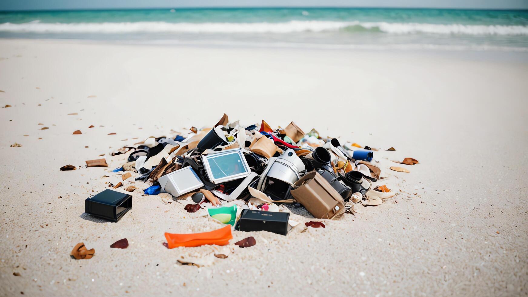 a bucket of trash on the beach photo