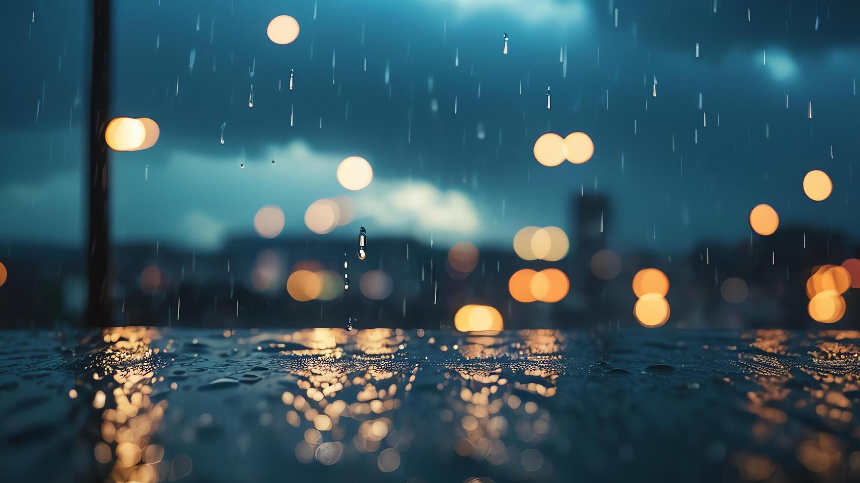 rainy cityscape with dark clouds and raindrops photo