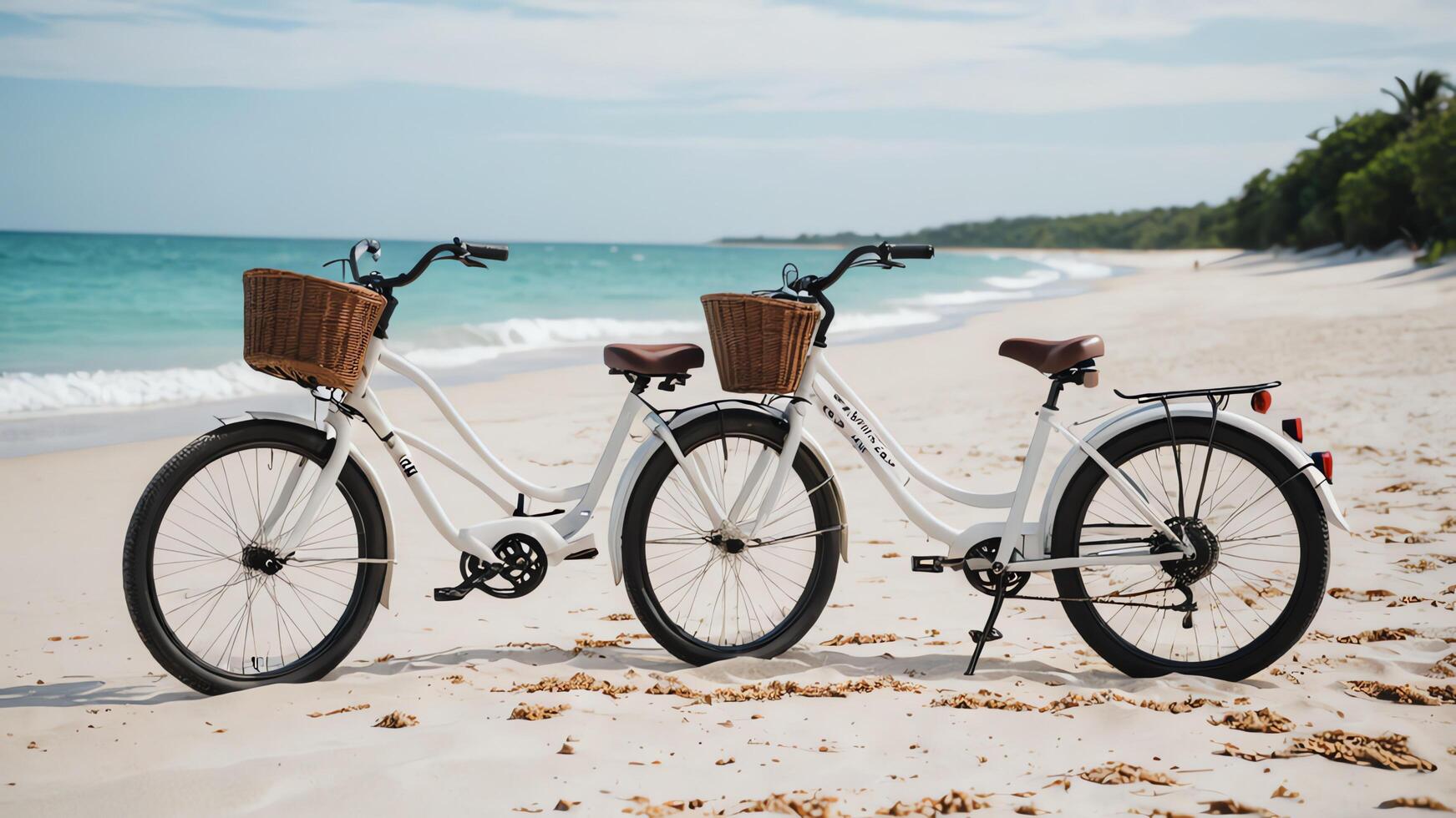 bicycles parked on the beach next to the ocean photo