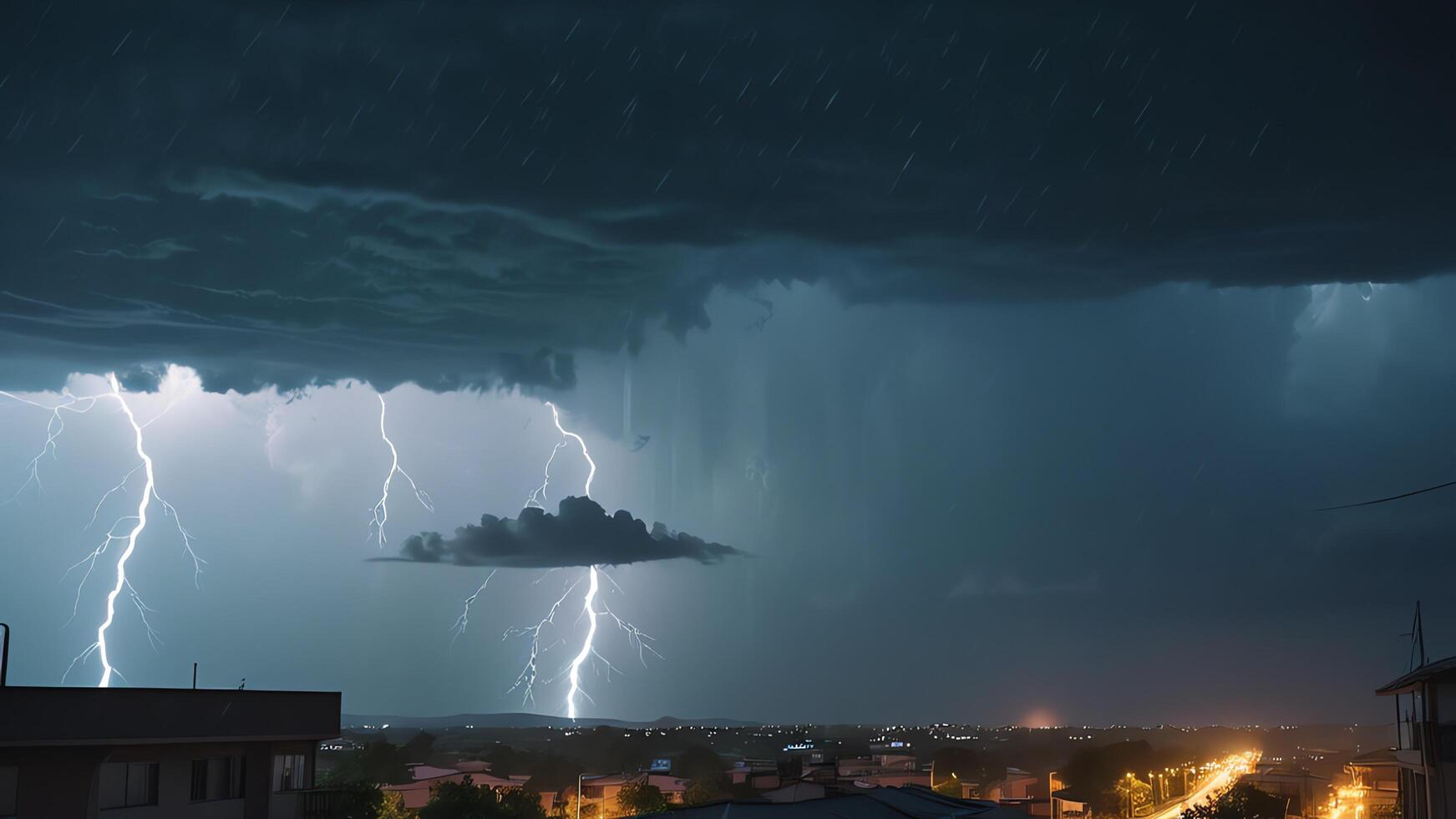 lightning strikes over a city at night photo