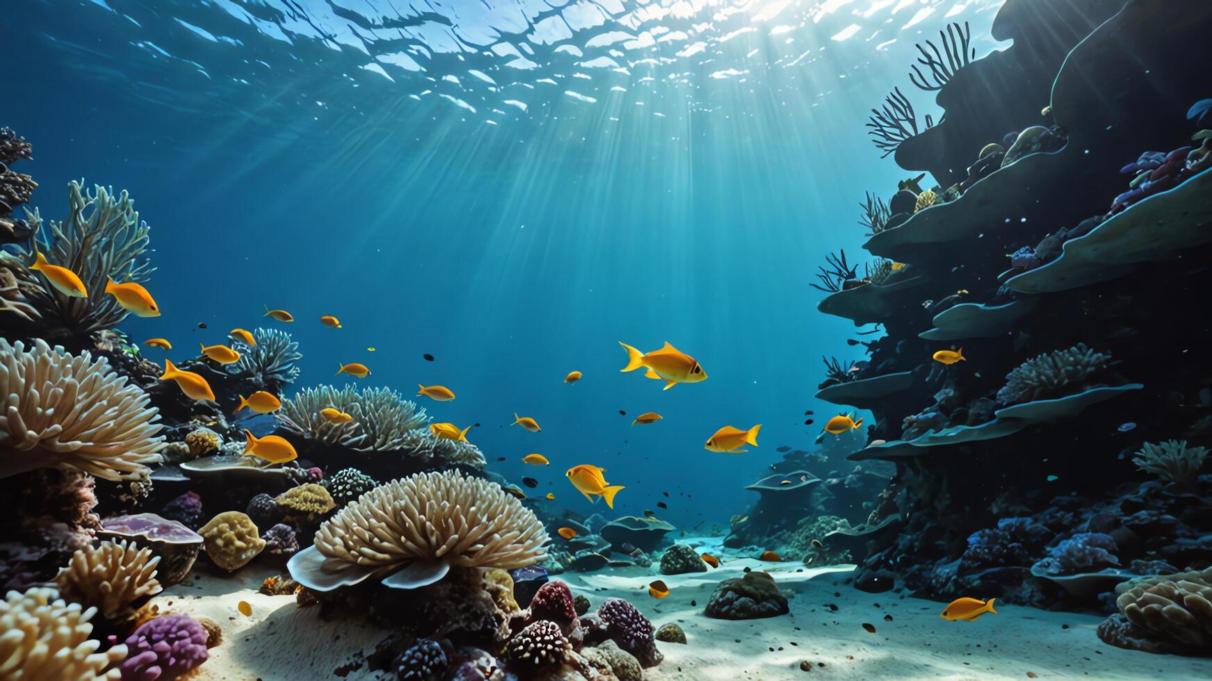 underwater the sun shines over a coral reef and anemones photo
