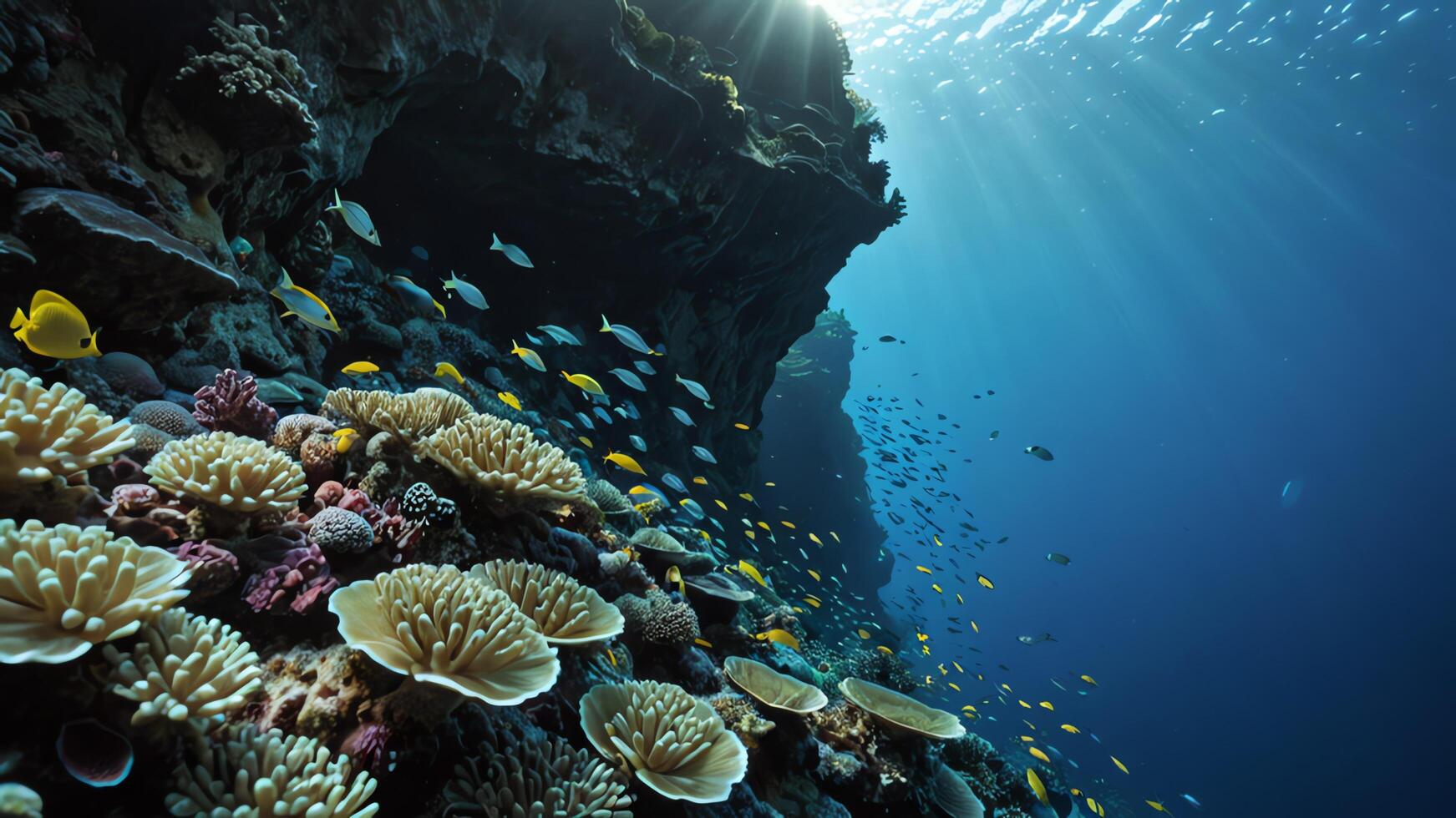 underwater the sun shines over a coral reef and anemones photo