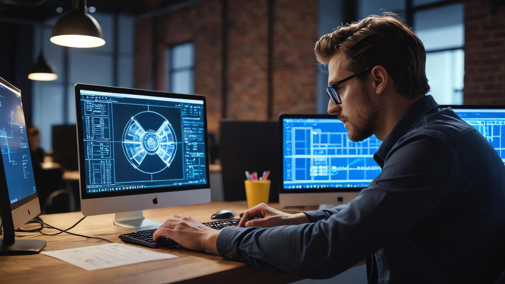 a man is working on a computer in front of two monitors photo