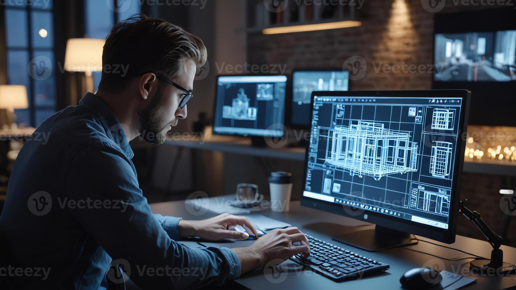 a man is working on a computer in front of two monitors photo