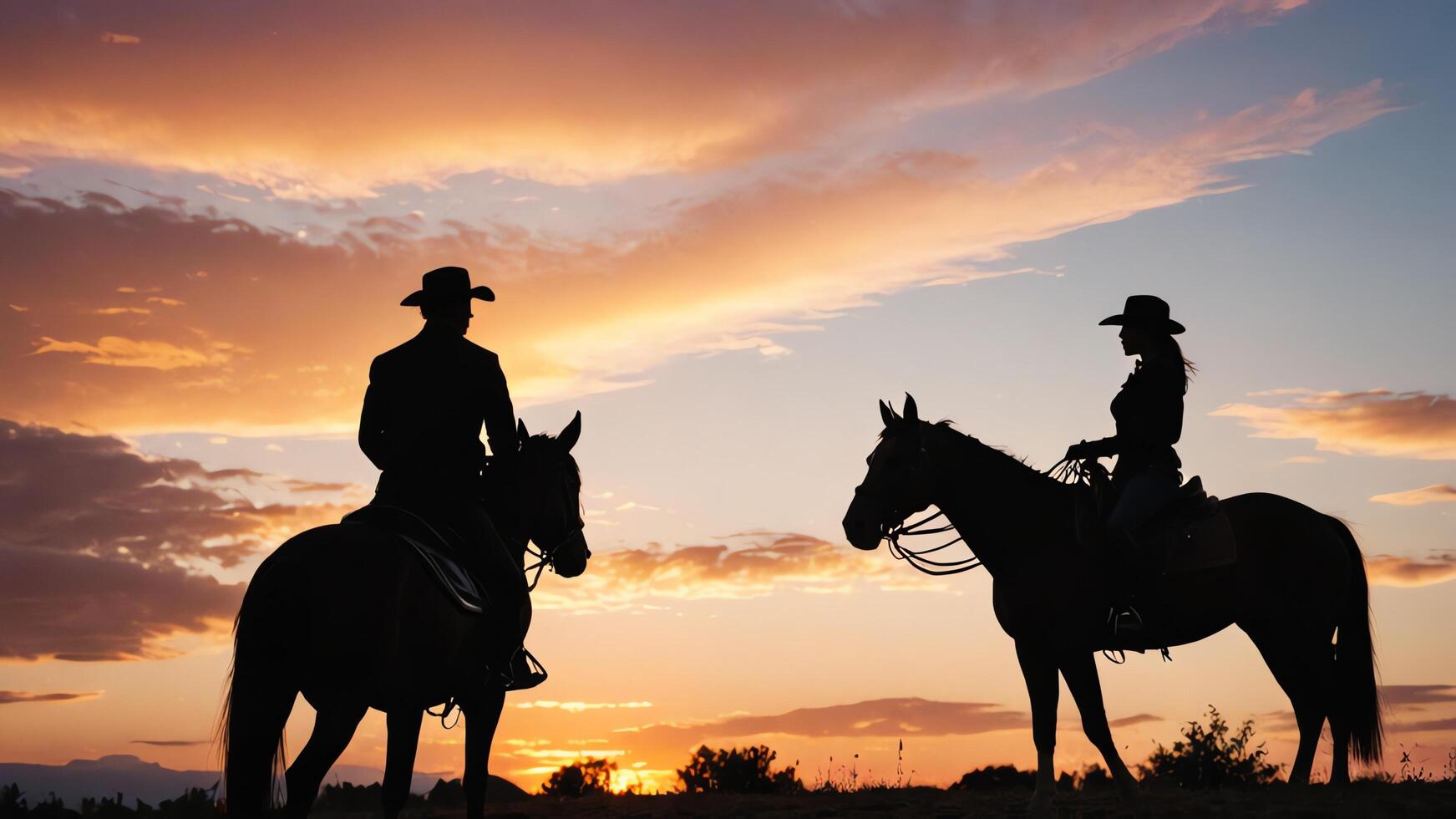 people on horses at sunset photo