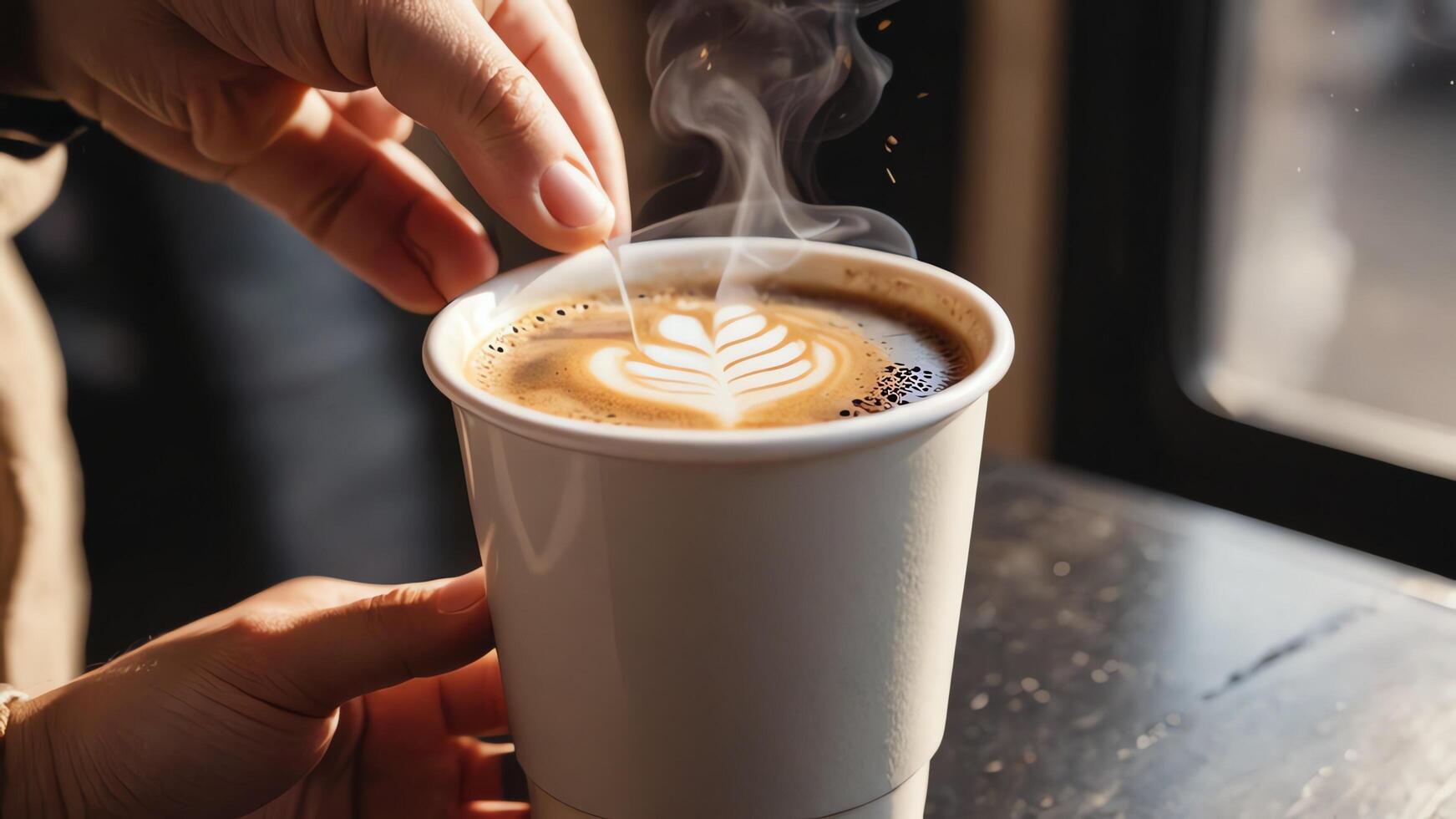 a person holding a coffee cup with steam coming out of it photo