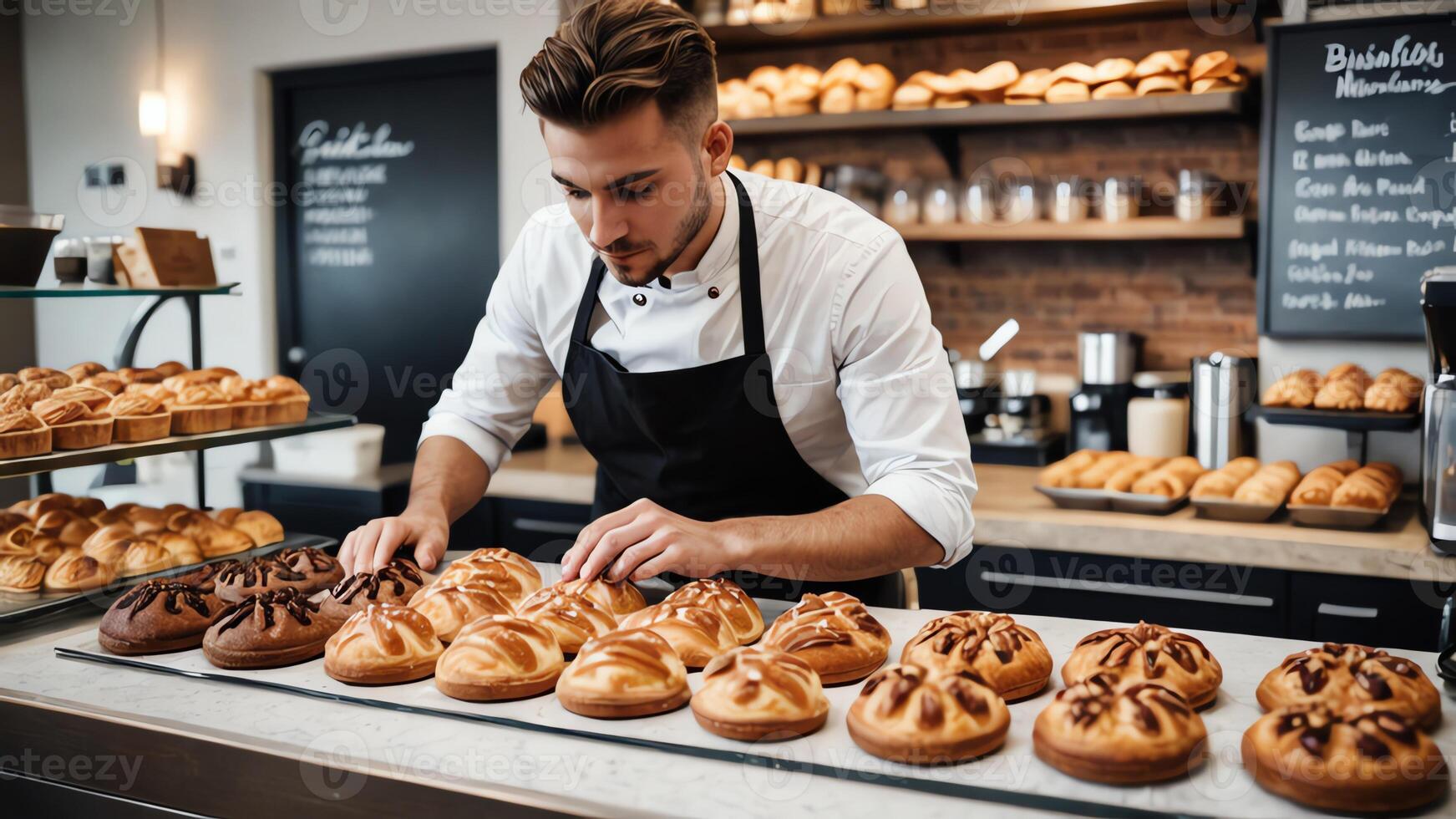 a man in an apron is working in a bakery photo