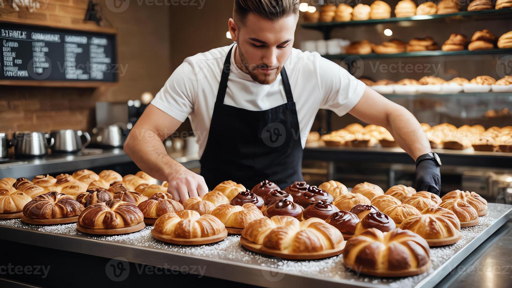 a man in an apron is working in a bakery photo