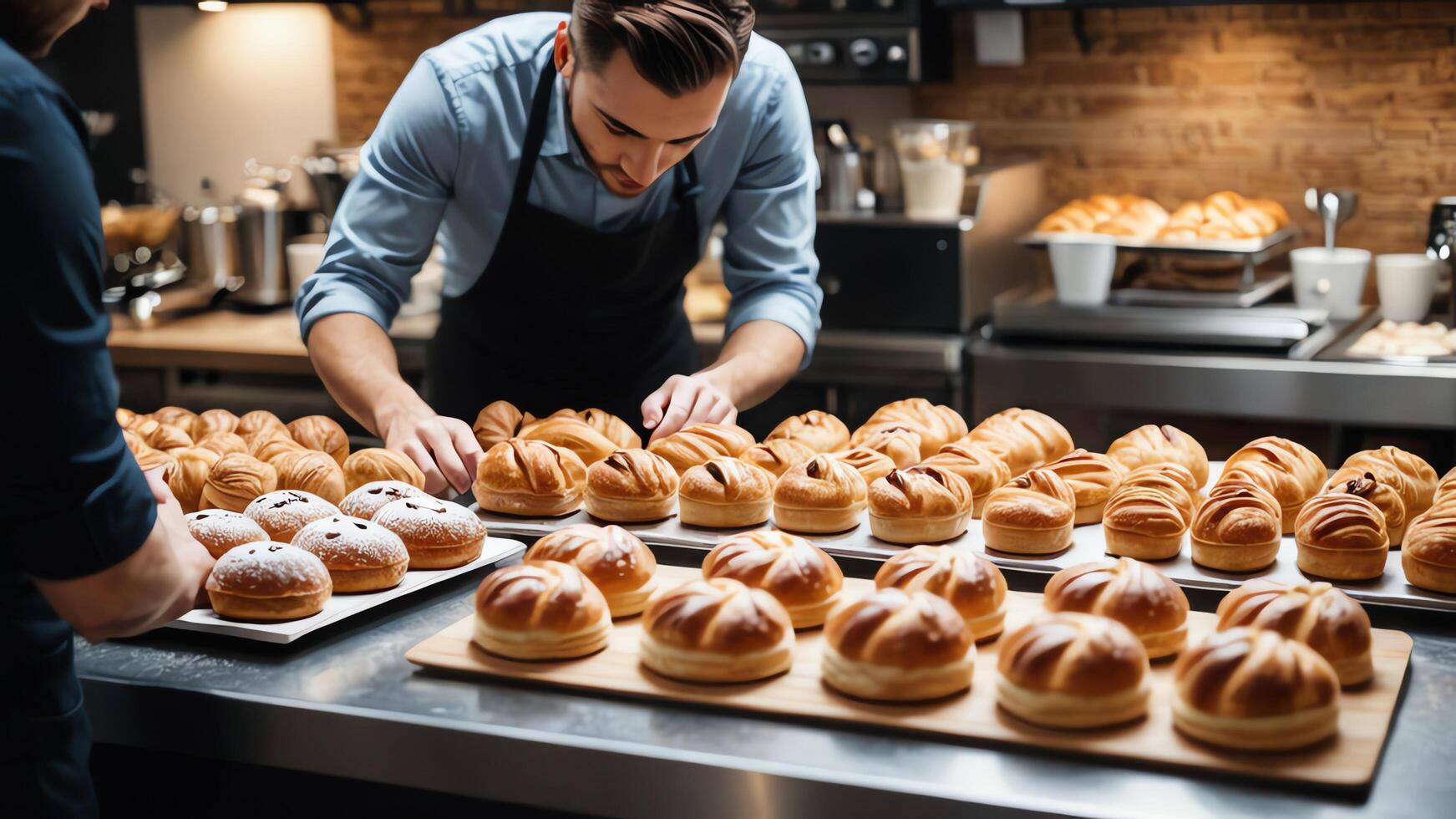 a man in an apron is working in a bakery photo