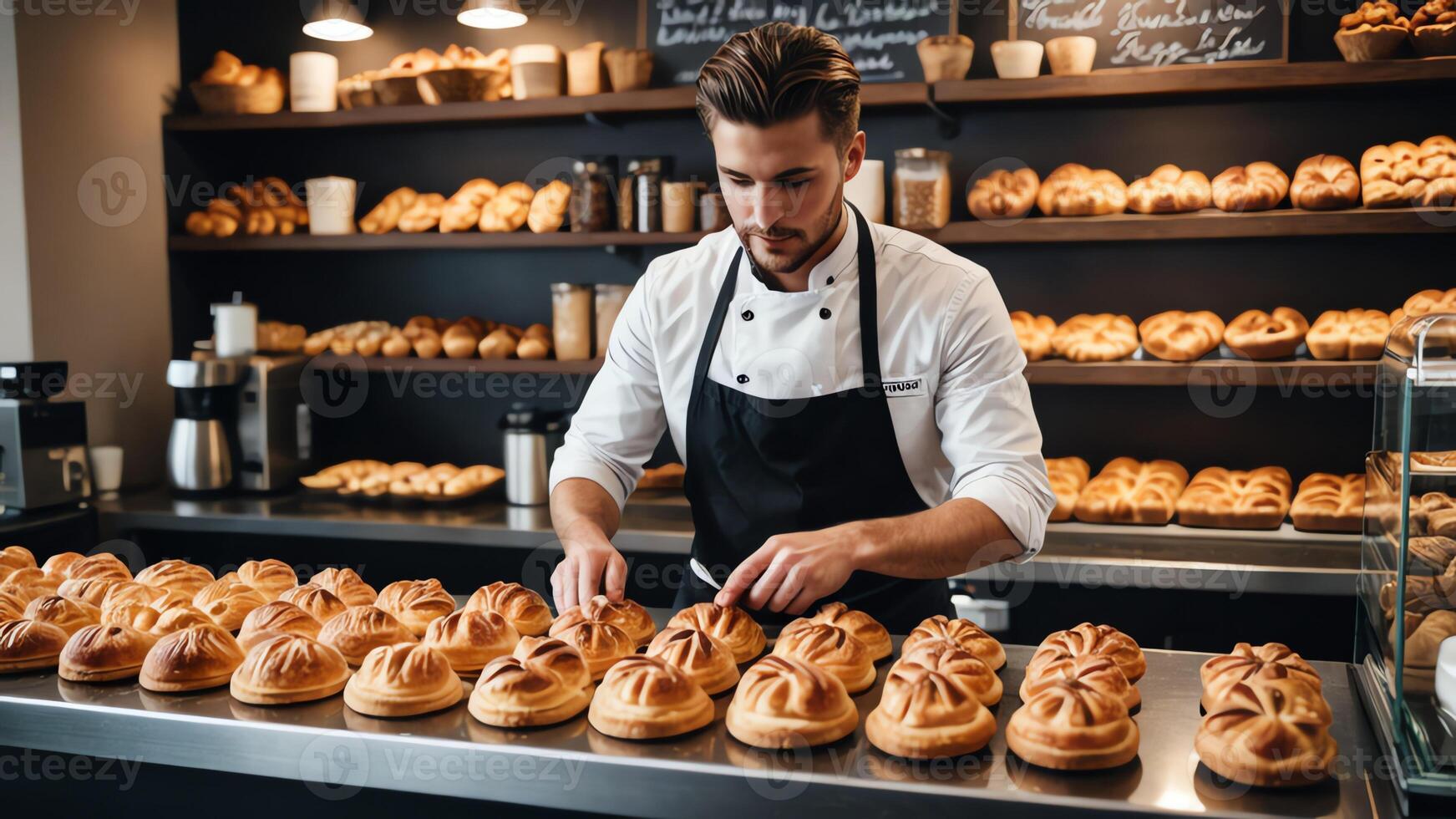 a man in an apron is working in a bakery photo