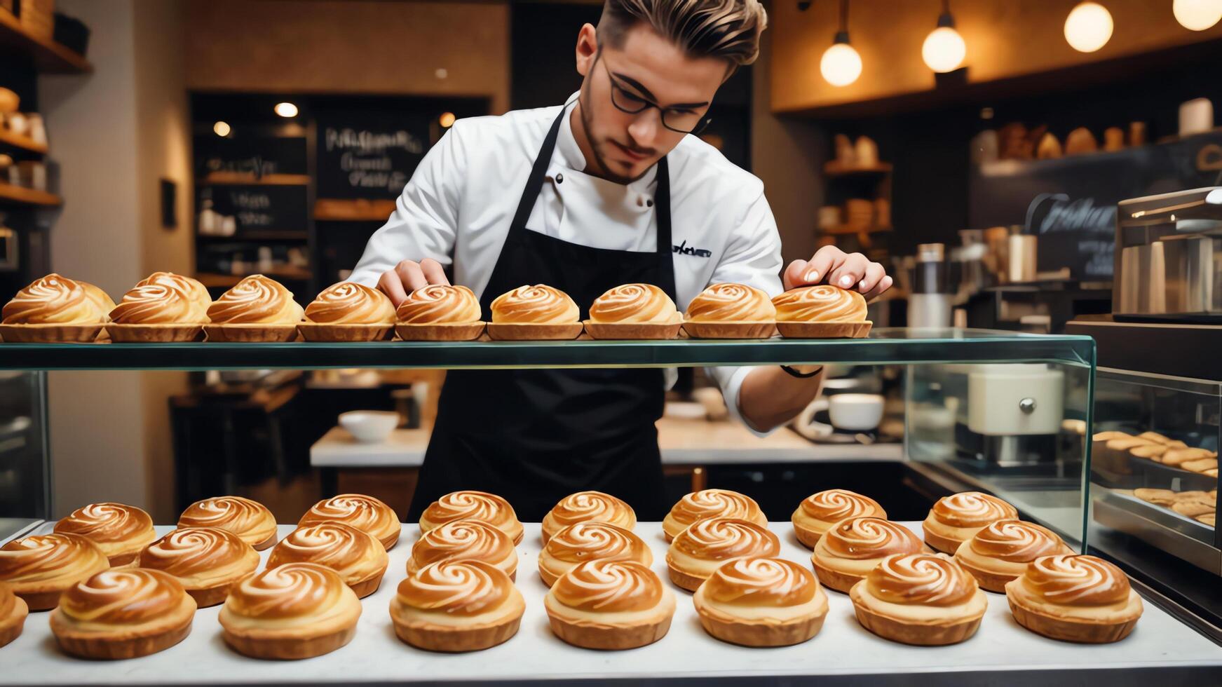 a man in an apron is working in a bakery photo
