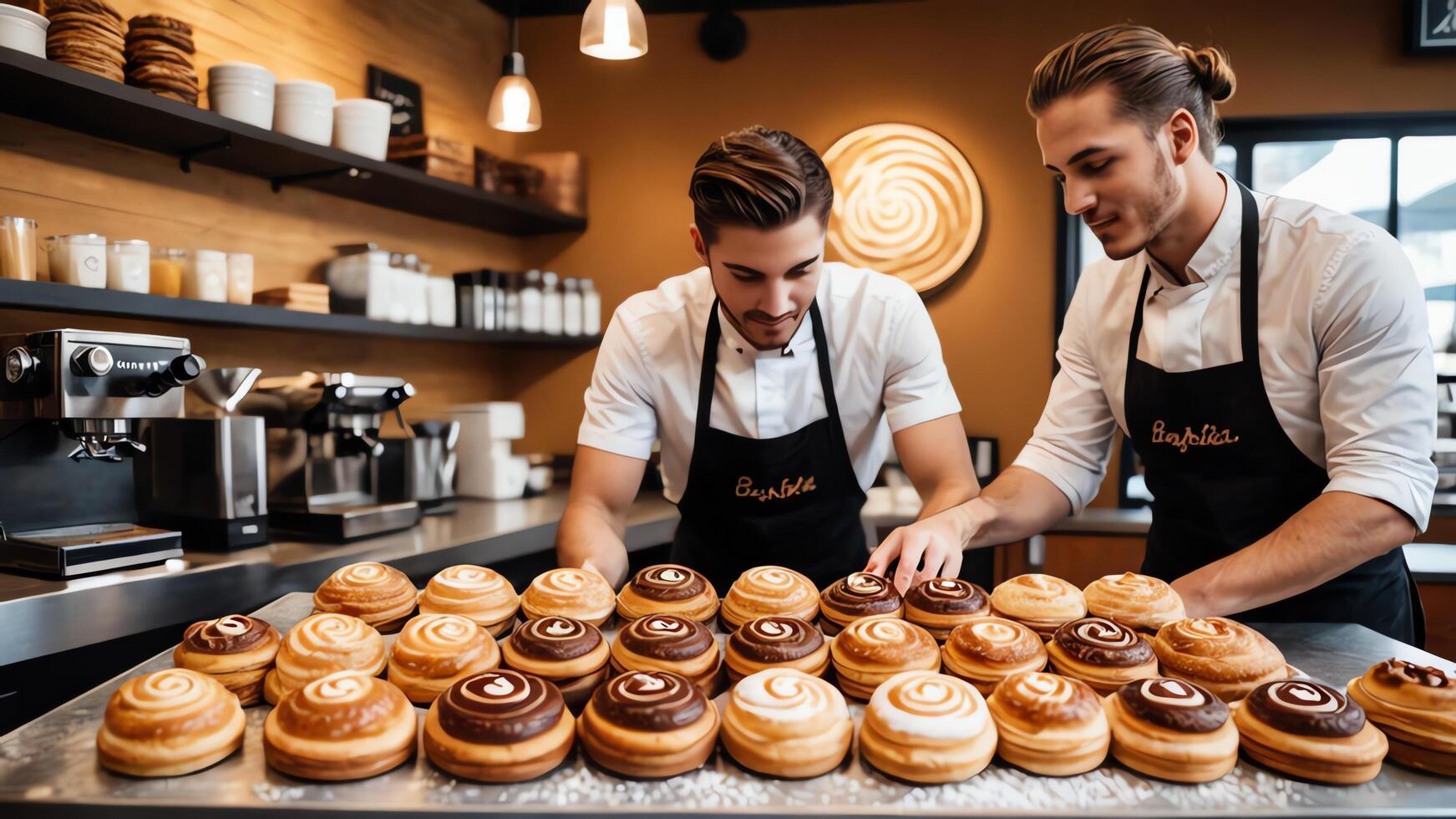 a man in an apron is working in a bakery photo