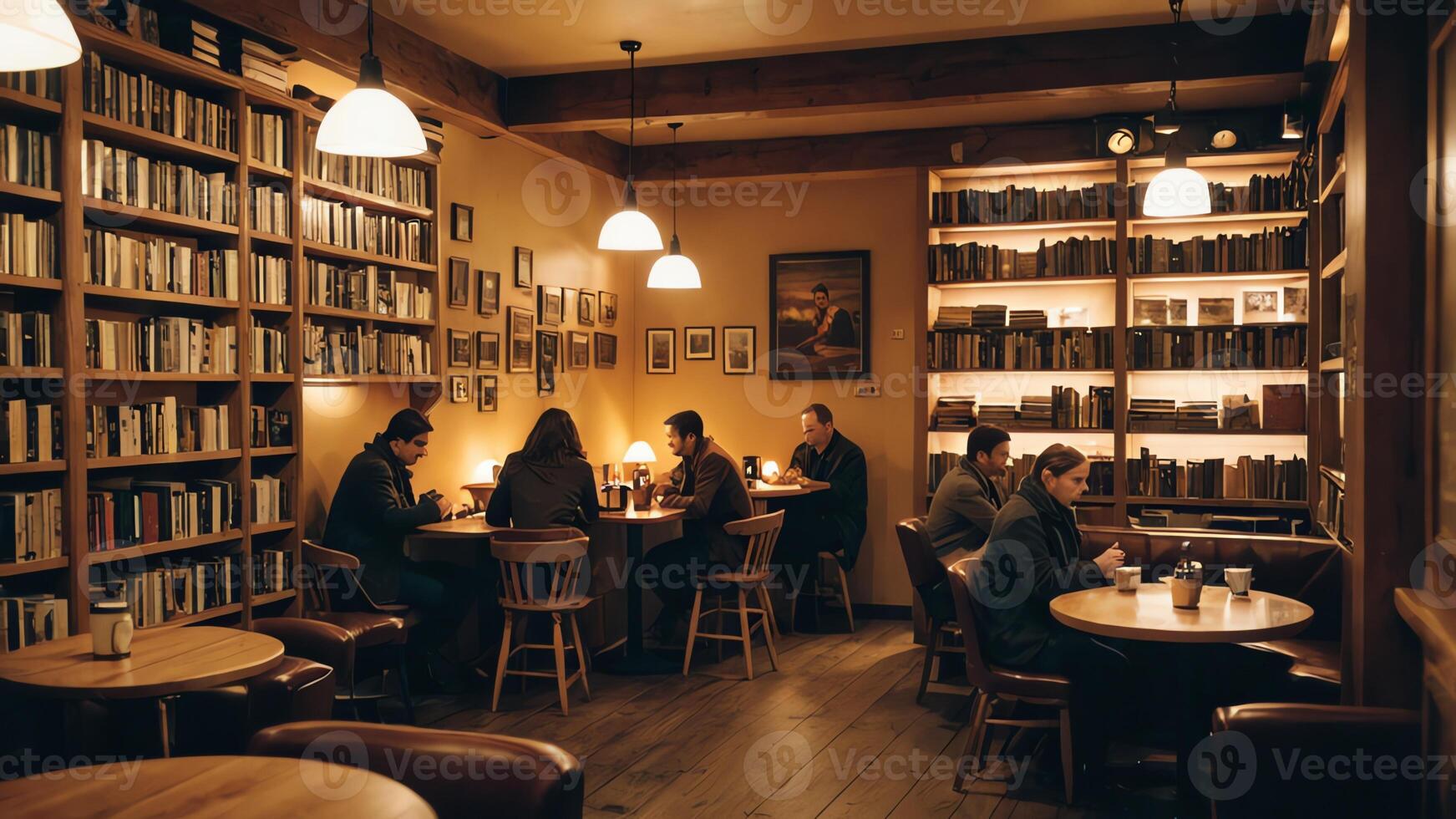 people sit in a cafe room with bookshelves and tables, while enjoying coffee photo