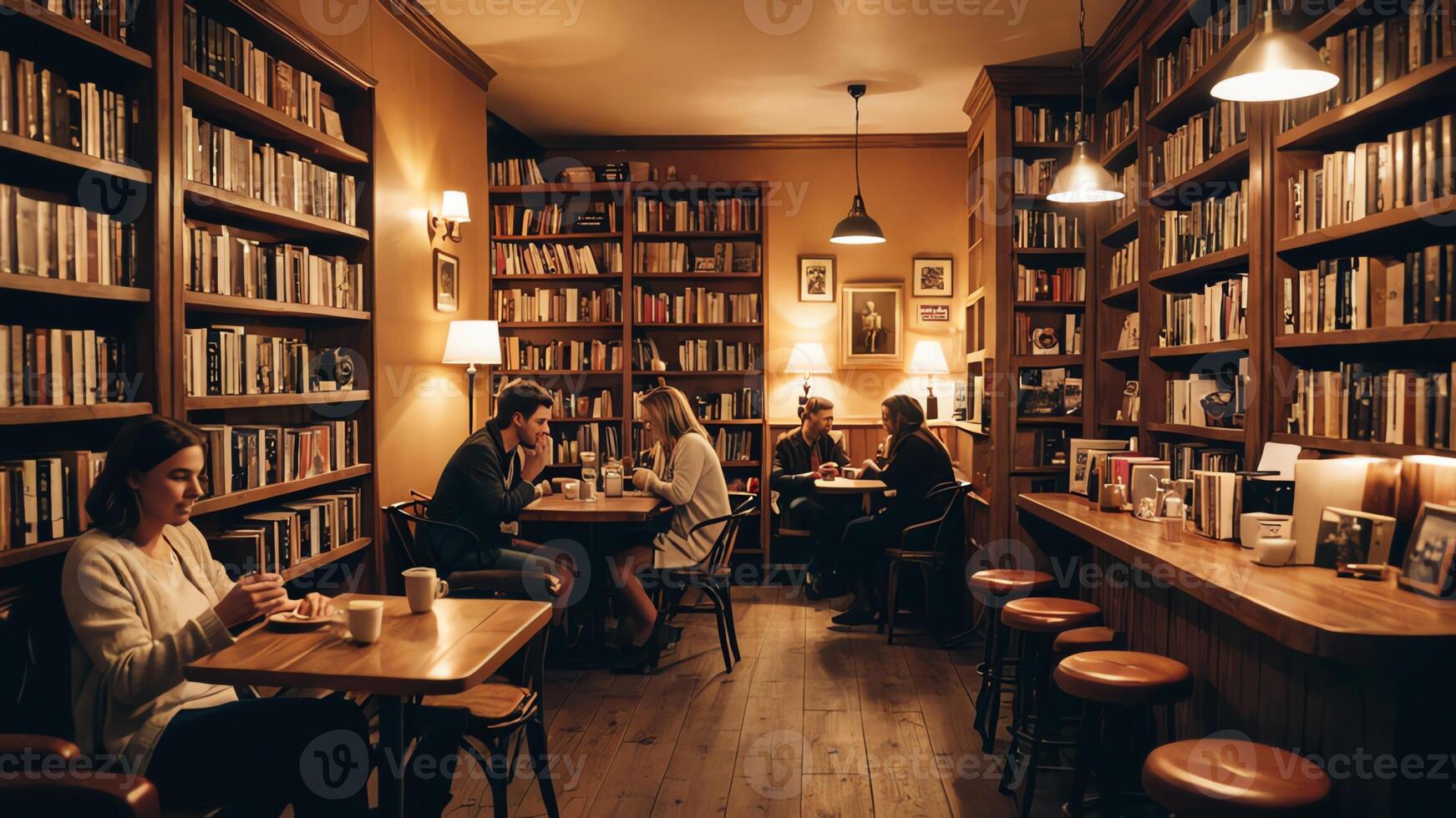 people sit in a cafe room with bookshelves and tables, while enjoying coffee photo