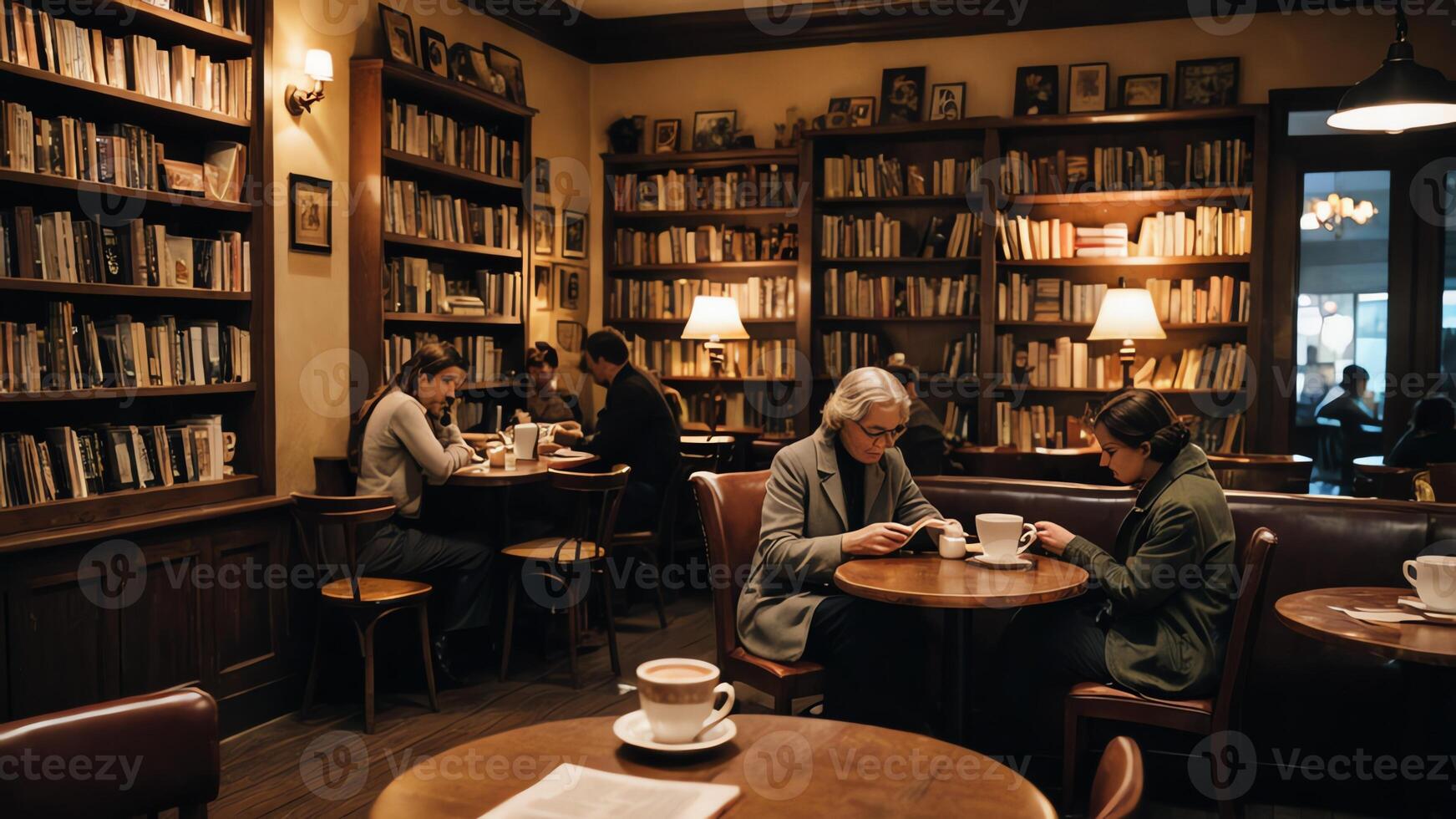 people sit in a cafe room with bookshelves and tables, while enjoying coffee photo