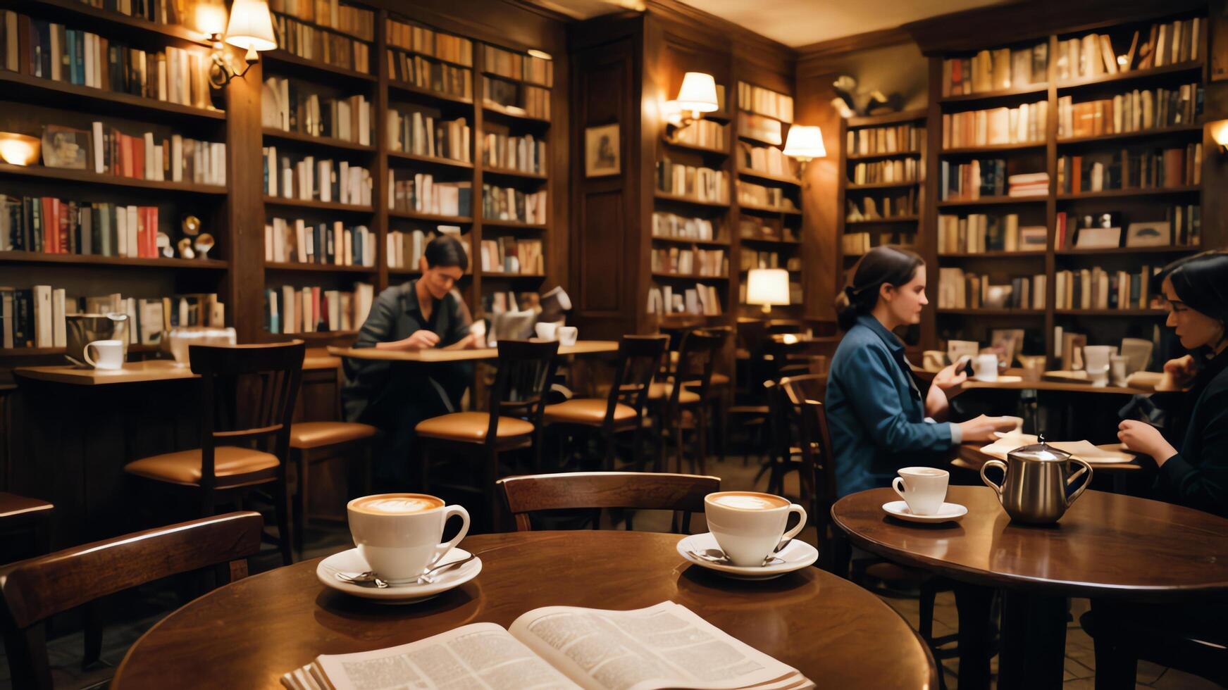 people sit in a cafe room with bookshelves and tables, while enjoying coffee photo
