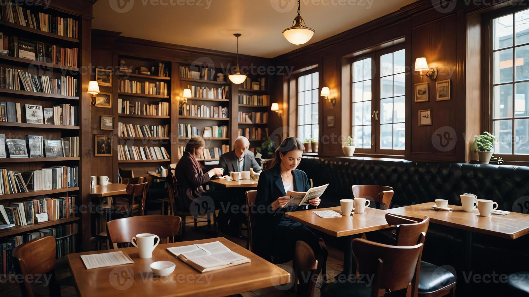 people sit in a cafe room with bookshelves and tables, while enjoying coffee photo