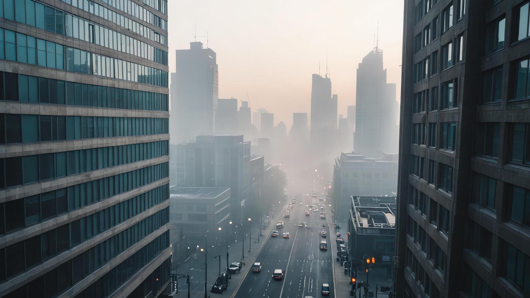 a city street is covered in fog photo