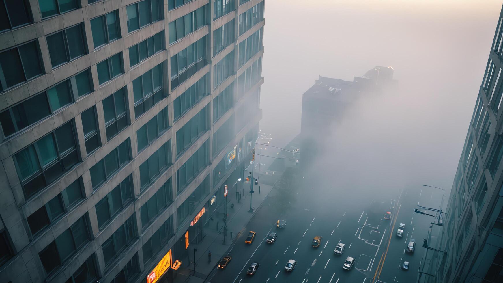 a city street is covered in fog photo