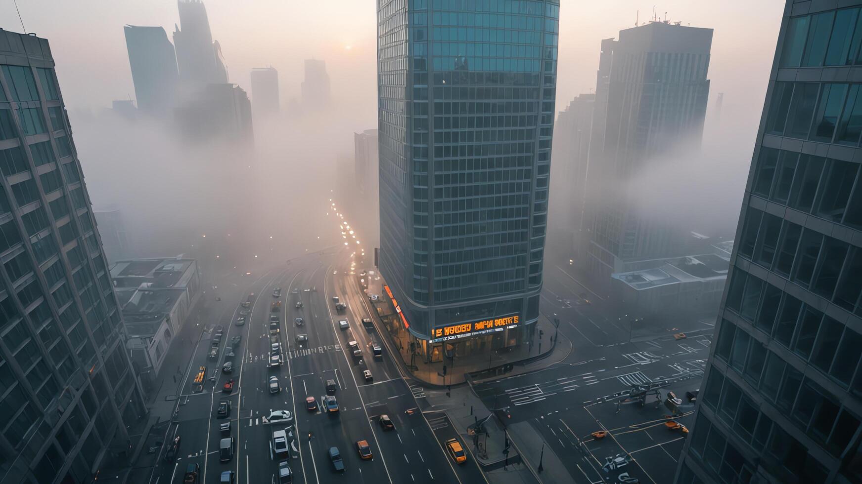 a city street is covered in fog photo