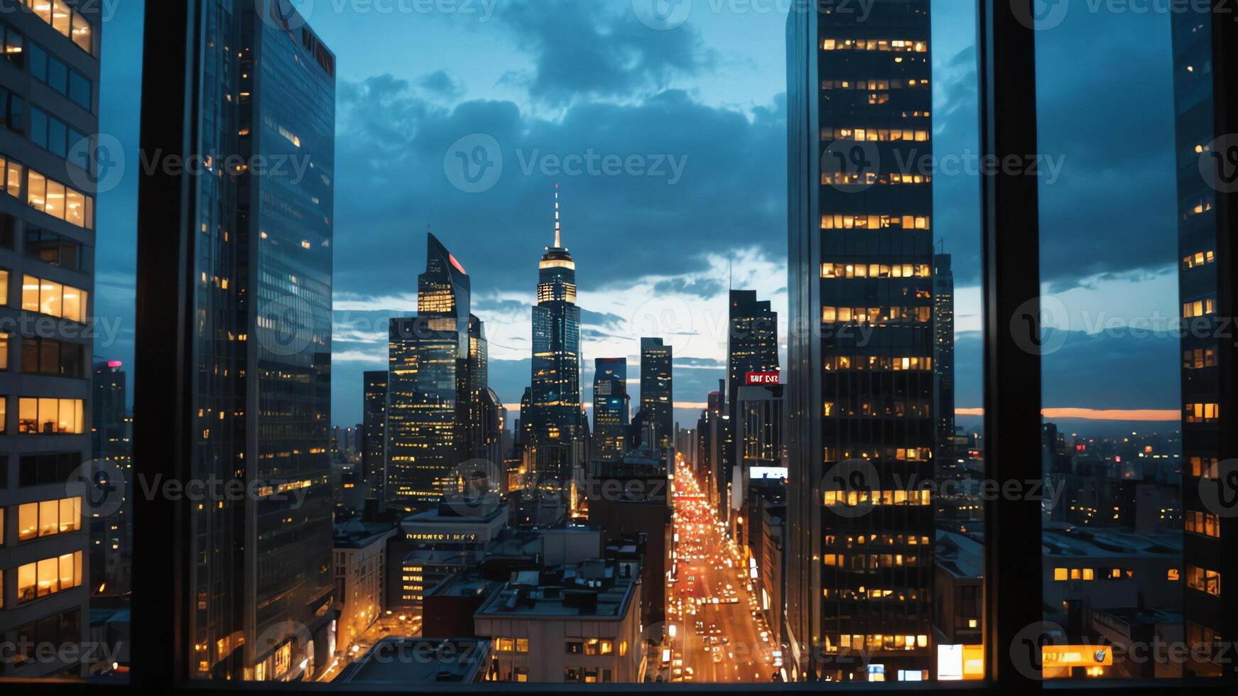 a view of the city skyline from a window photo