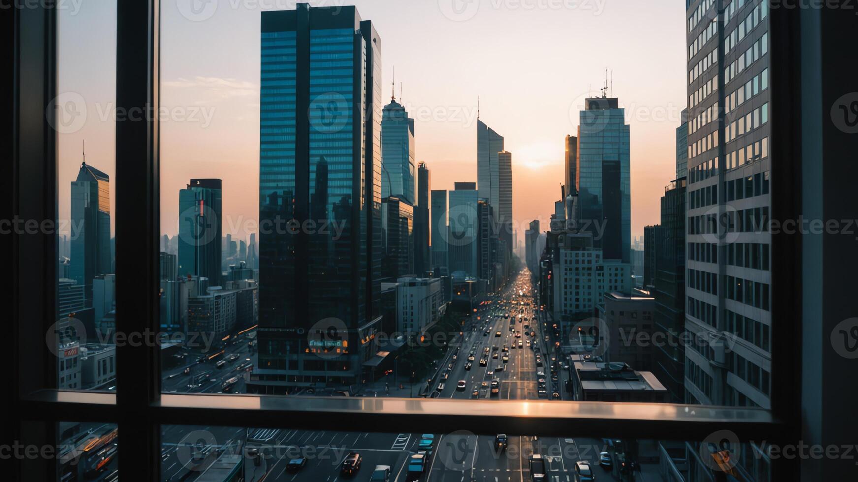 a view of the city skyline from a window photo