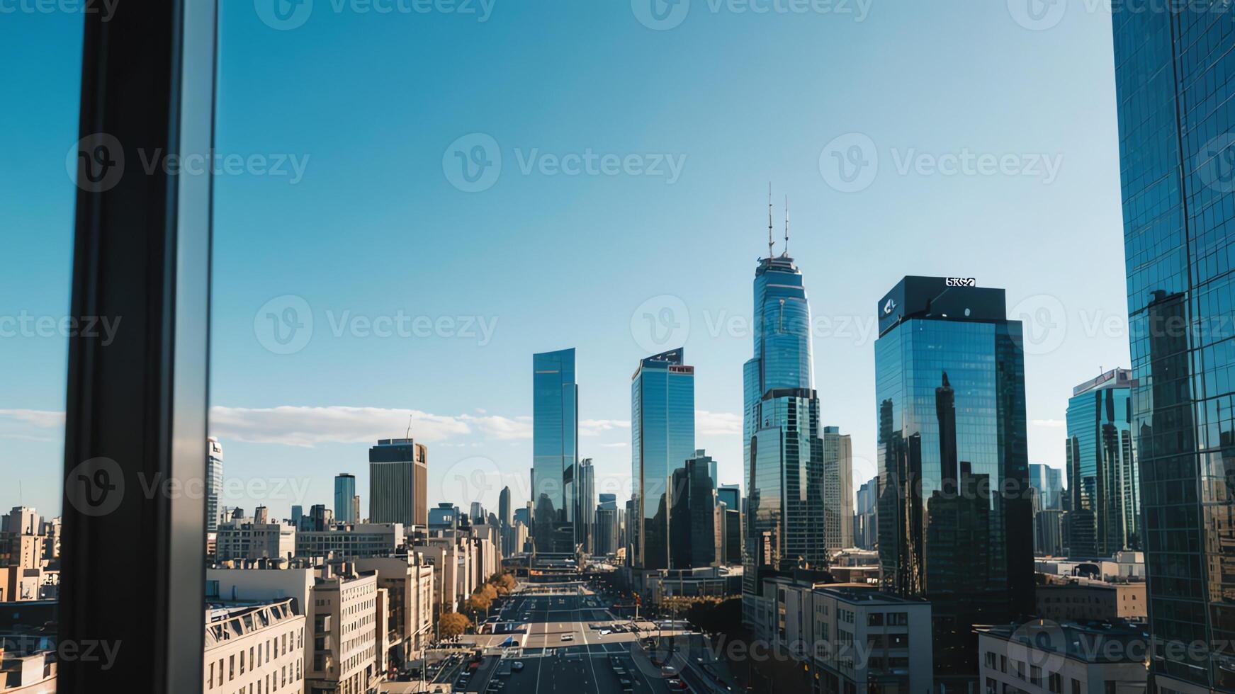 a view of the city skyline from a window photo