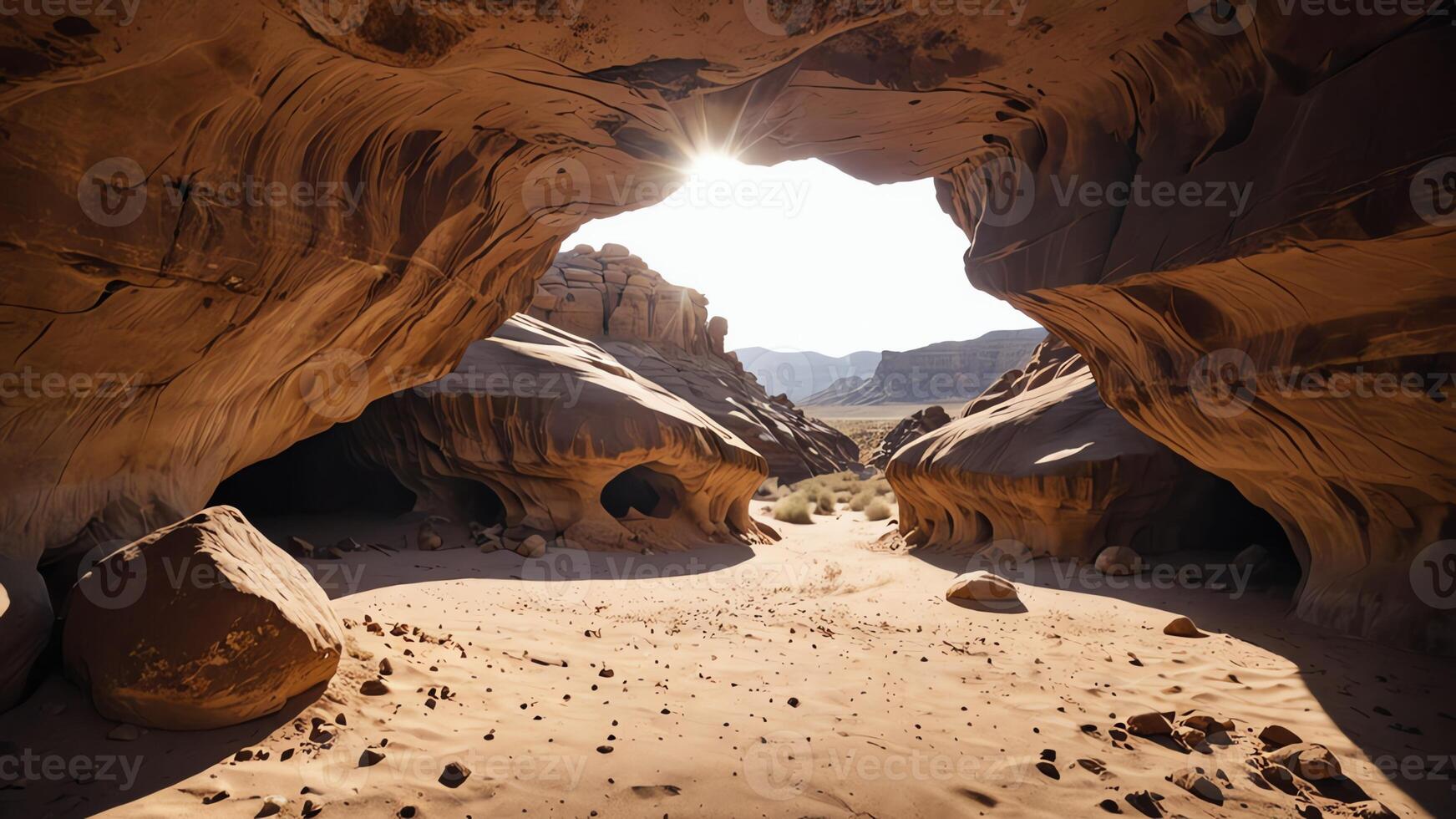 cave in the desert with a wide desert landscape and beautiful sky photo