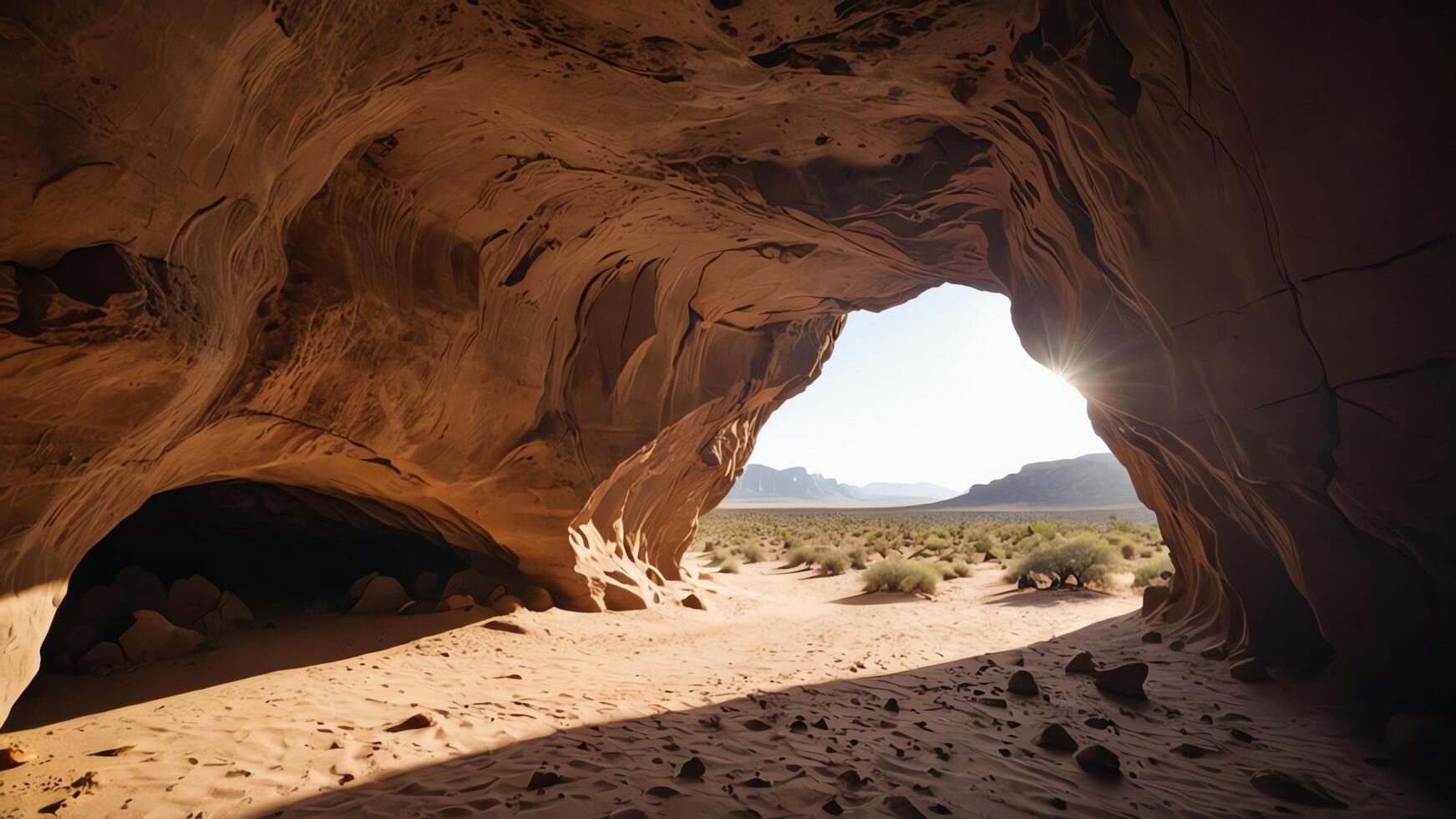 cave in the desert with a wide desert landscape and beautiful sky photo