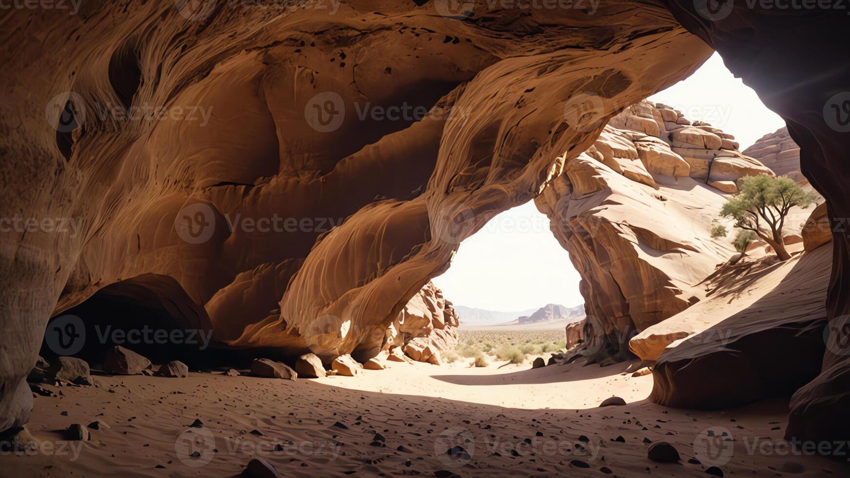 cave in the desert with a wide desert landscape and beautiful sky photo