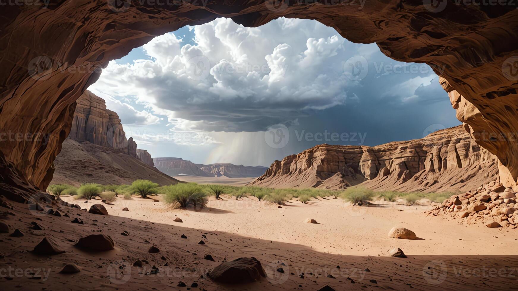 cave in the desert with a wide desert landscape and beautiful sky photo
