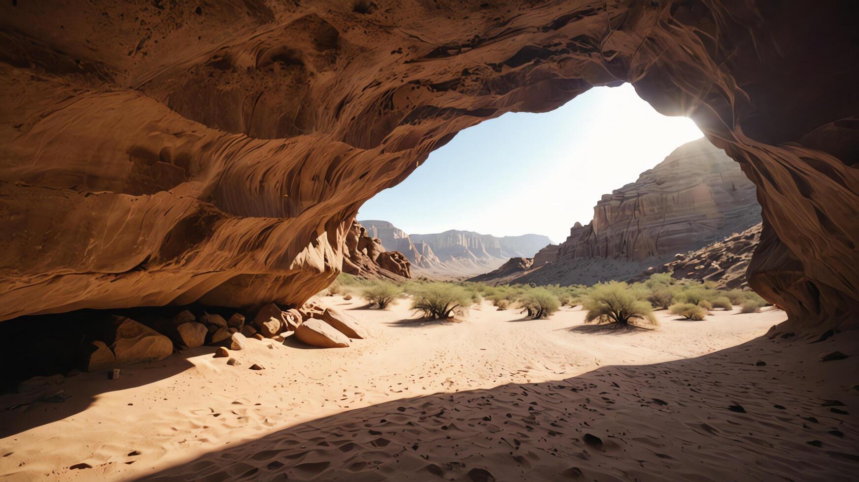 cave in the desert with a wide desert landscape and beautiful sky photo