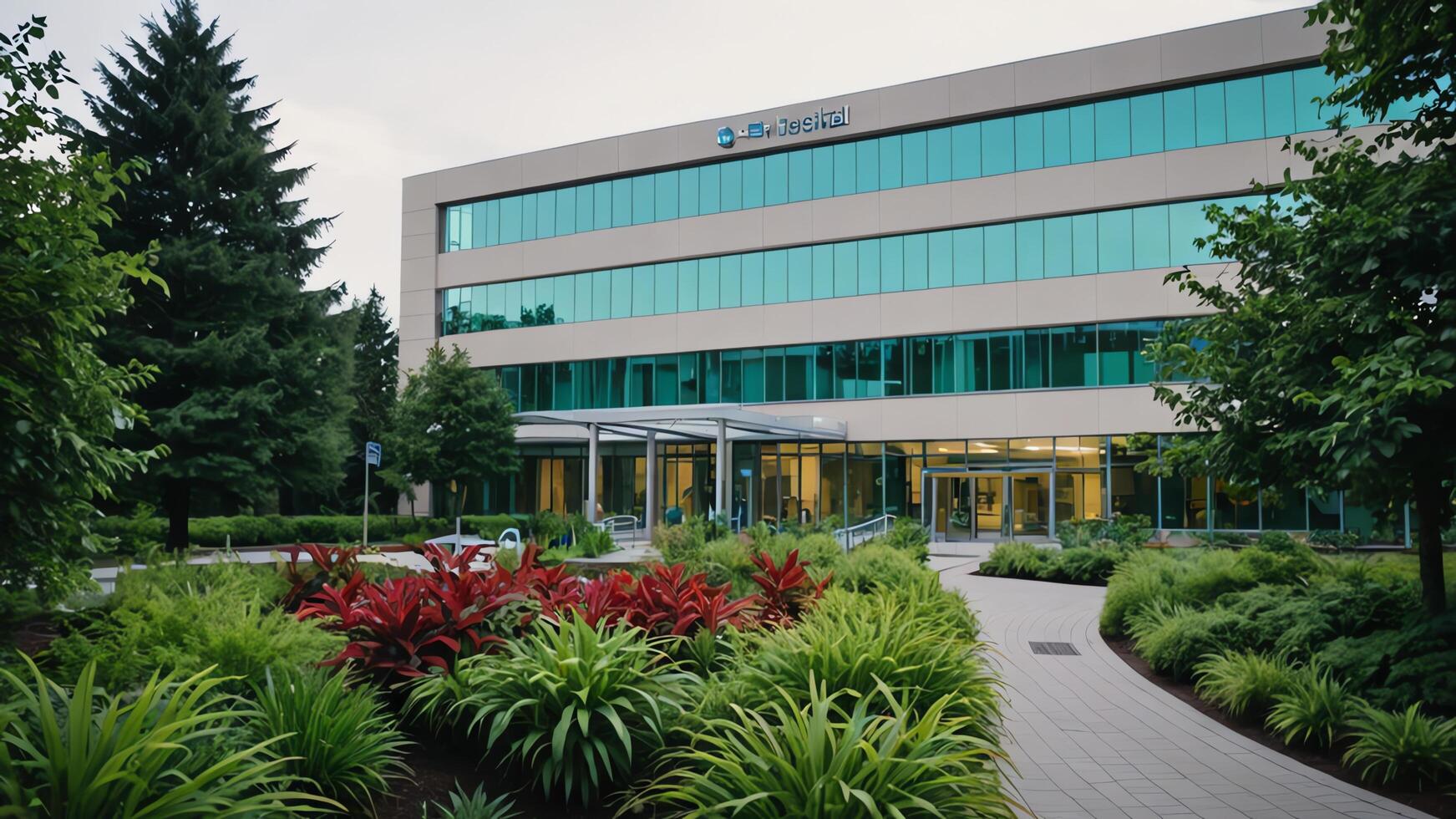 a large building with a green lawn and trees photo