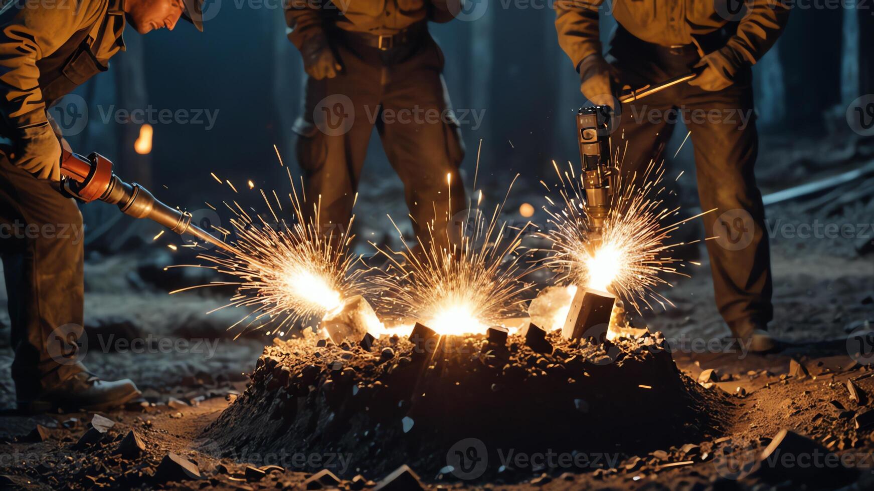 men working in a factory with sparks photo