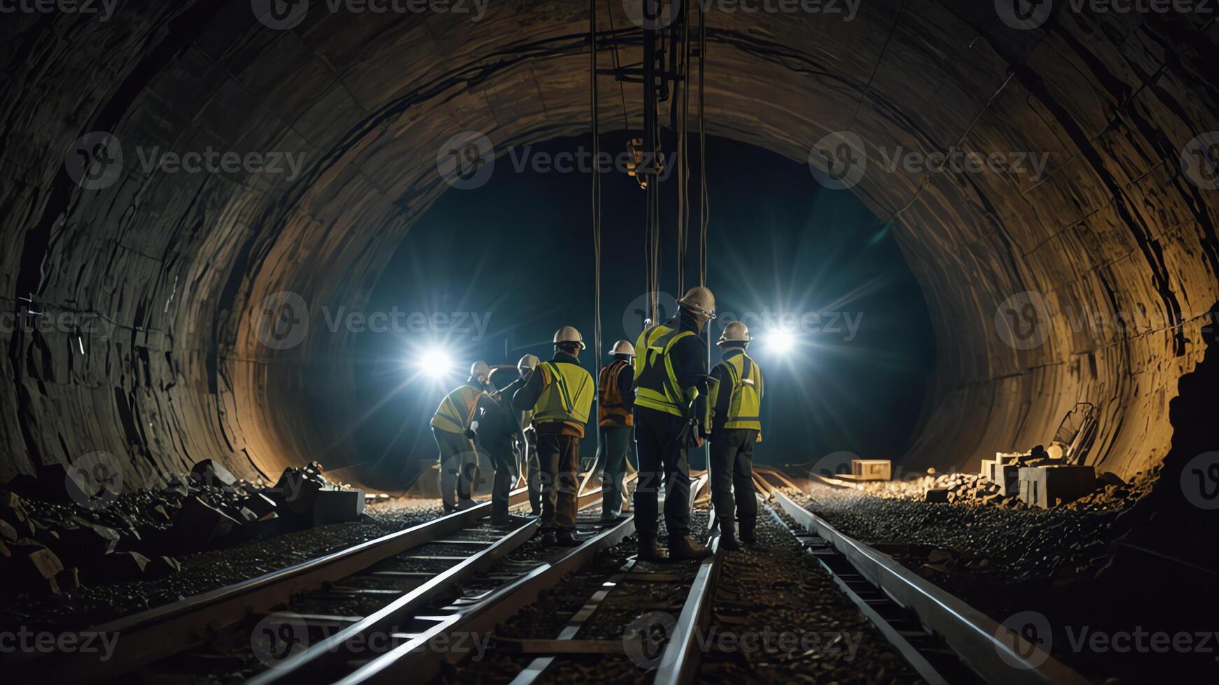 a group of mine workers, mining activity in a tunnel photo