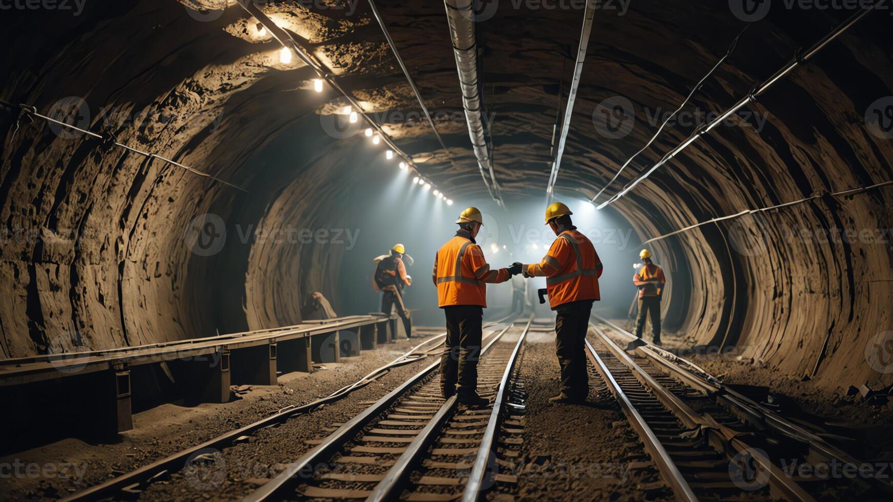 a group of mine workers, mining activity in a tunnel photo