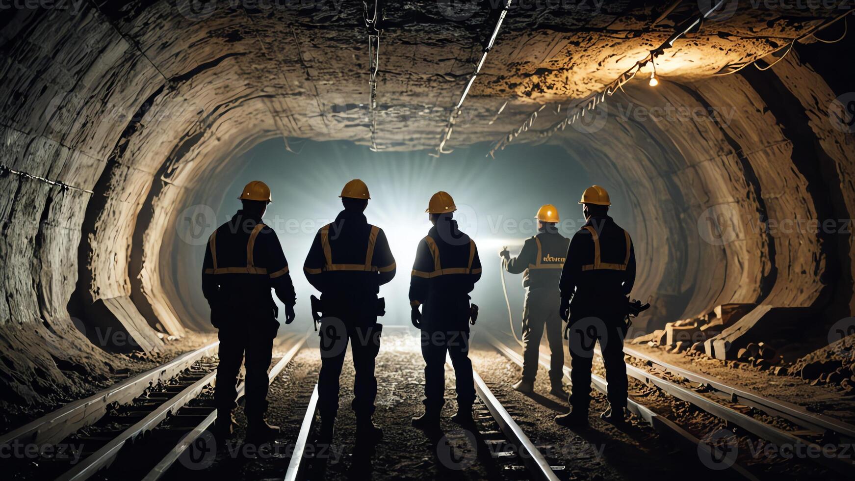 a group of mine workers, mining activity in a tunnel photo