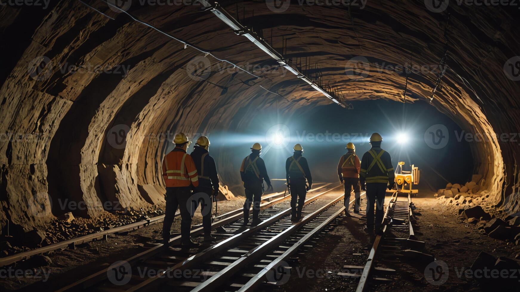 a group of mine workers, mining activity in a tunnel photo