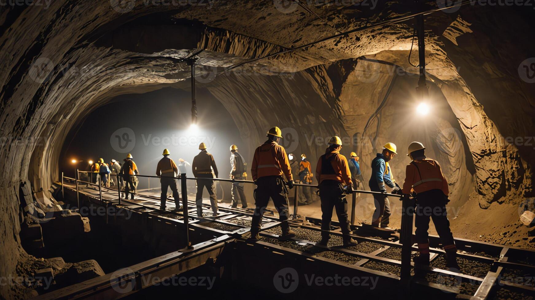 a group of mine workers, mining activity in a tunnel photo