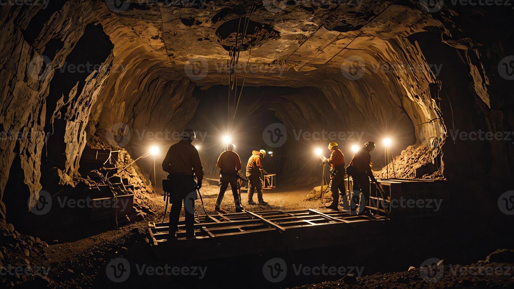 a group of mine workers, mining activity in a tunnel photo