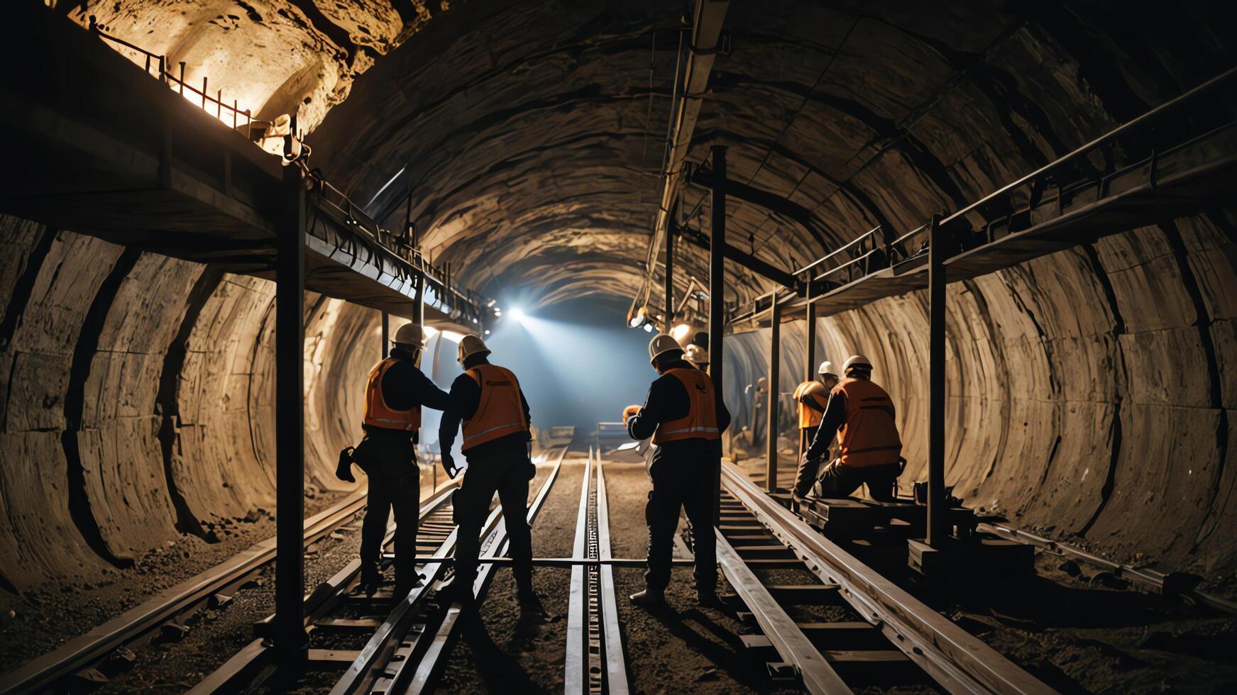a group of mine workers, mining activity in a tunnel photo