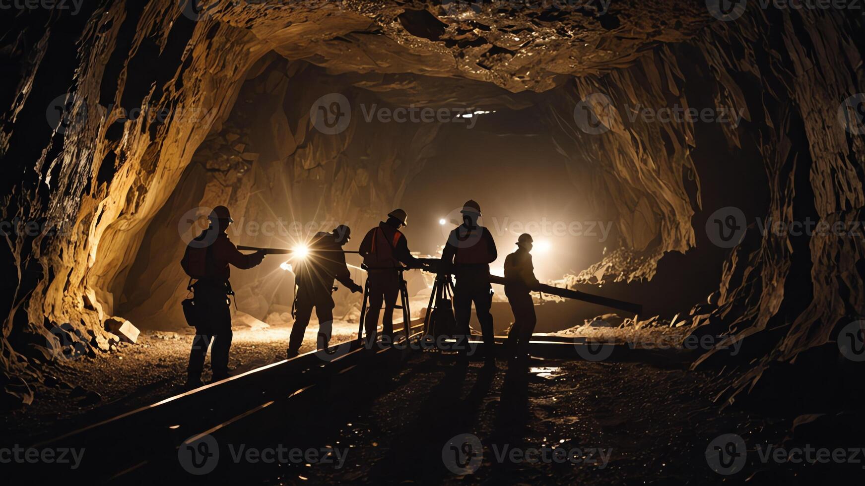 a group of mine workers, mining activity in a tunnel photo