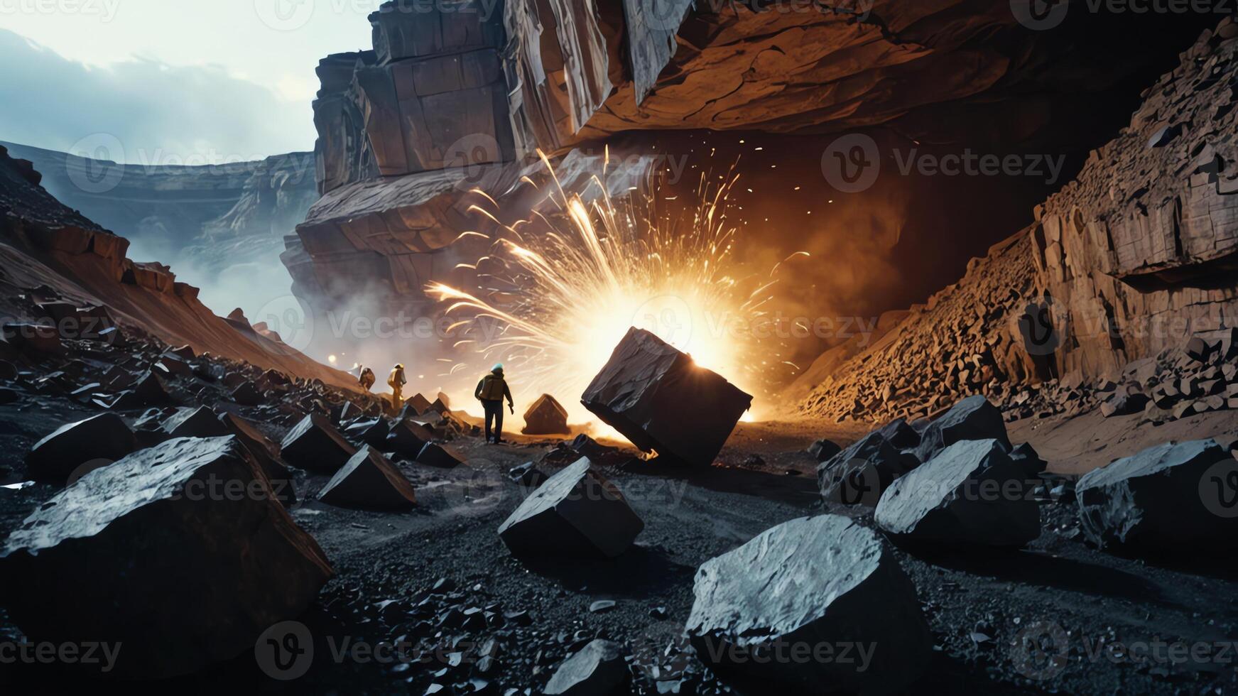 a group of mine workers, mining activity in a tunnel photo