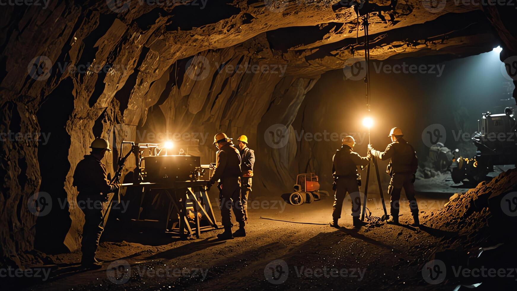 a group of mine workers, mining activity in a tunnel photo